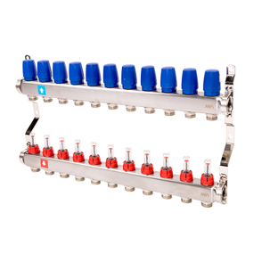 Коллектор из нерж стали в сборе с расходомерами  1х3/4 на11 выходов уп 1/3 вес 5796 г MS.511.06